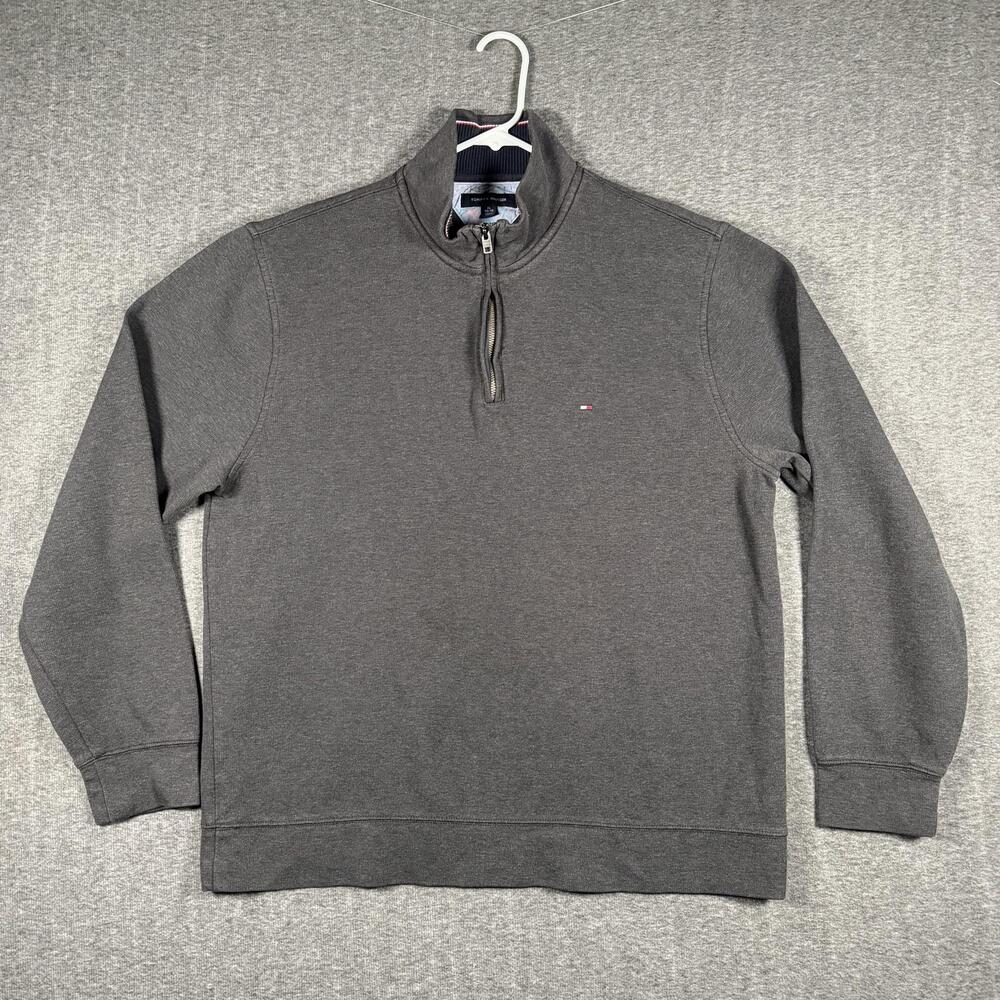 Tommy Hilfiger Sweatshirt Mens XL Gray 1/4 Zip Mock Neck Pullover Flag Logo